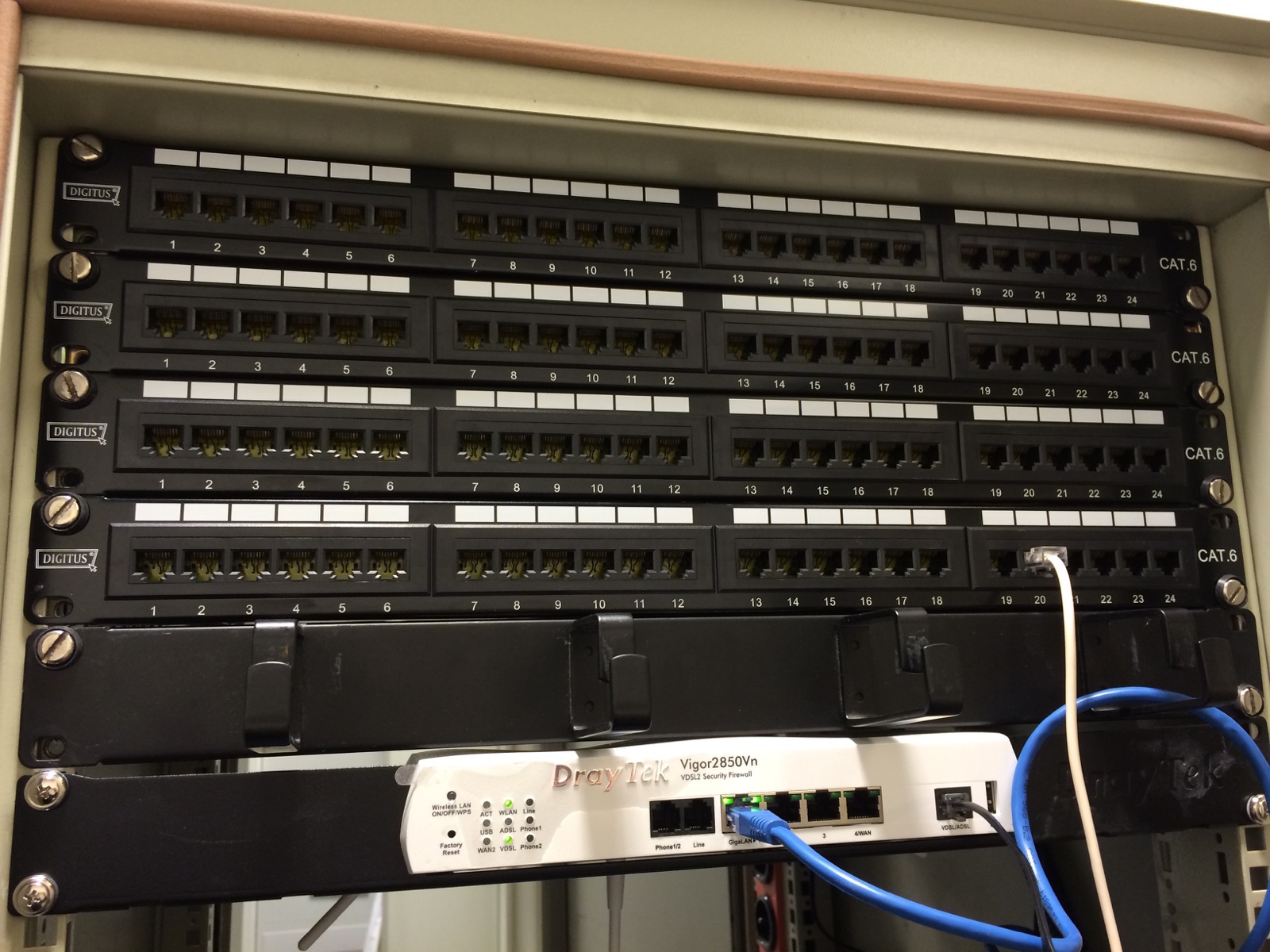 Patchkast met gelabelde netwerkpoorten en router